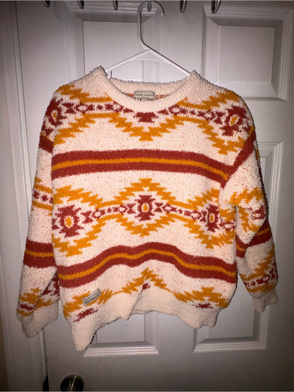 Simply Southern Cream Crewneck Sweater with Mustard & Rust Tribal Stripes